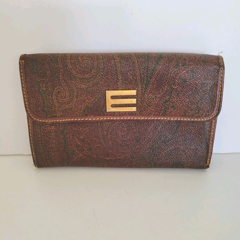 Etro Vintage Brown Paisley Medium Leather Wallet Logo Italian Trifold Zip Fair